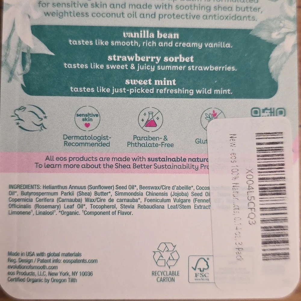 eos Organic Lip Balm Trio 3-Pack - Vanilla, Strawberry, Mint 100% Natural